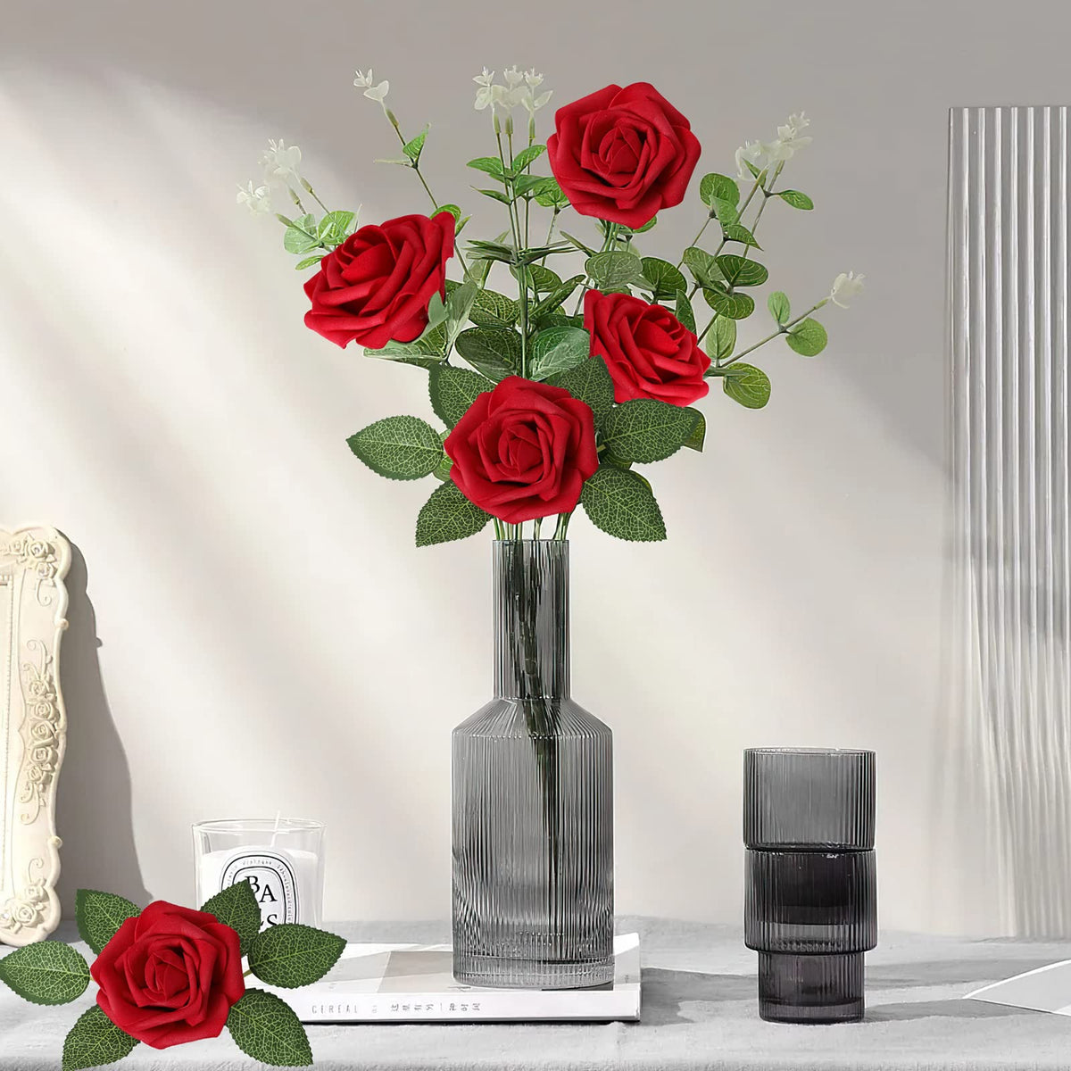 AmyHomie dark red roses with leaves for fullness and greenery