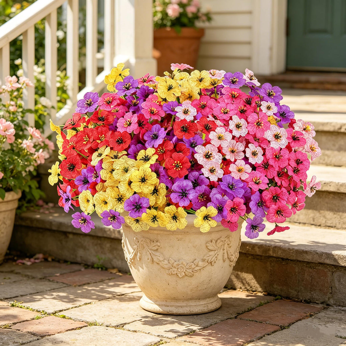AmyHomie garden and porch display with durable outdoor flora.
