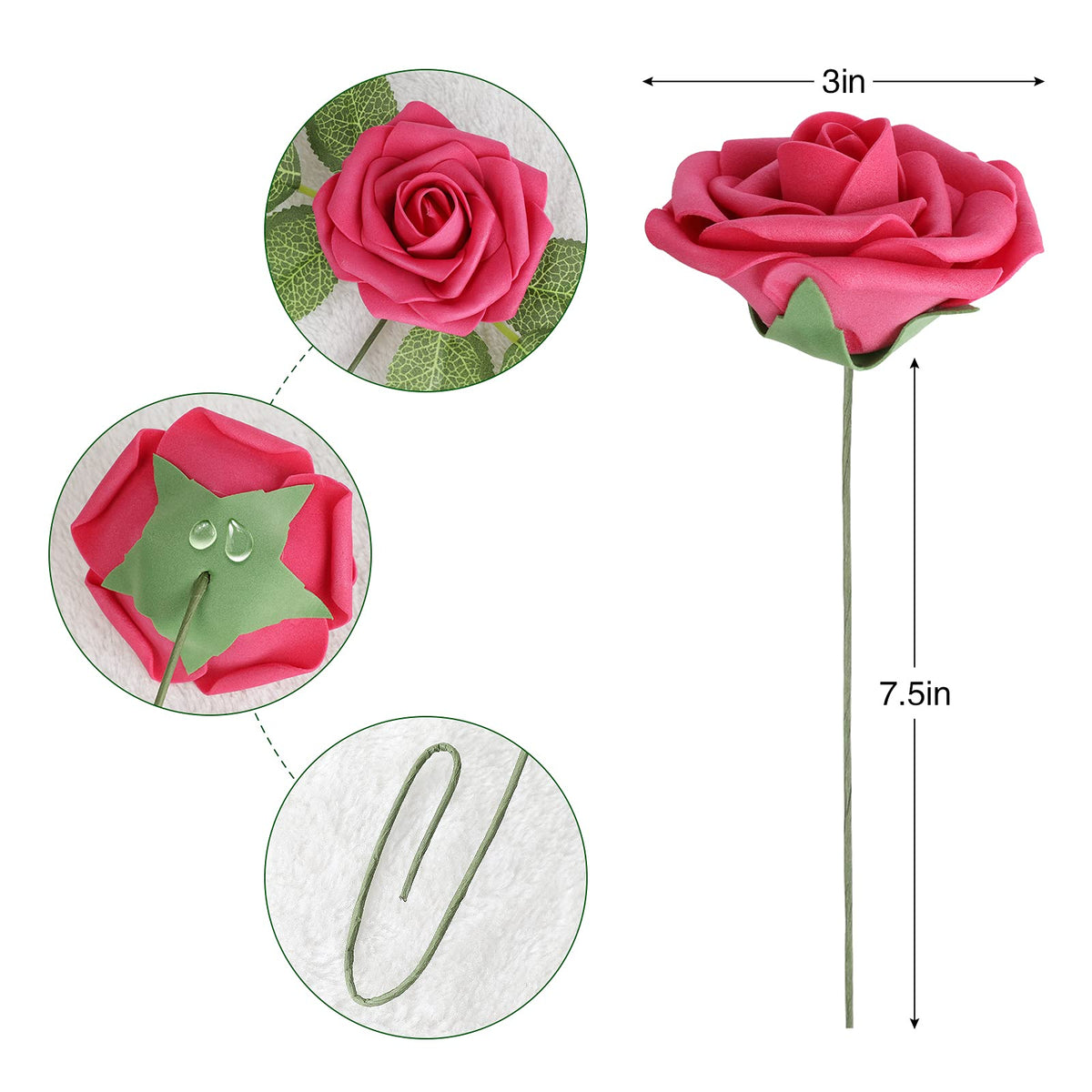 AmyHomie red rose 3-inch bloom with bendable stem, ideal for DIY arrangements.