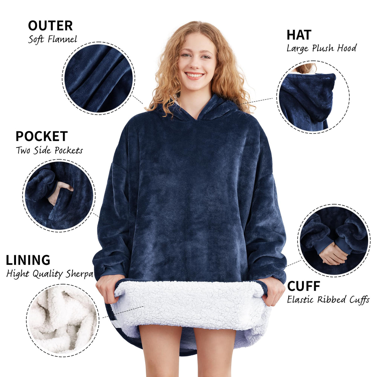 AmyHomie wearable blanket hoodie worn by model highlighting relaxed fit and mobility.