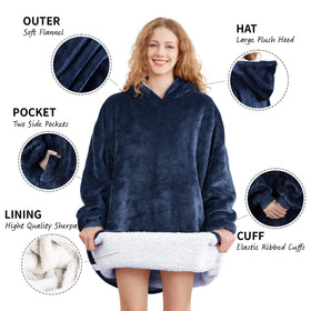 AmyHomie wearable blanket hoodie worn by model highlighting relaxed fit and mobility.
