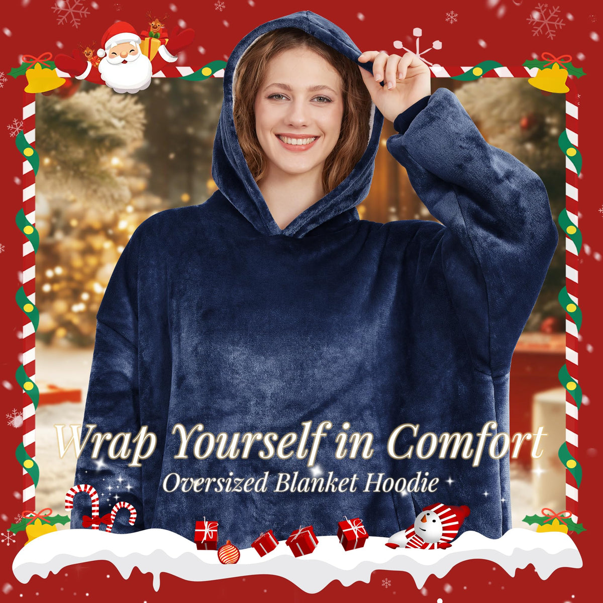 AmyHomie wearable blanket hoodie outdoors demonstrating versatile warmth in chilly breeze.