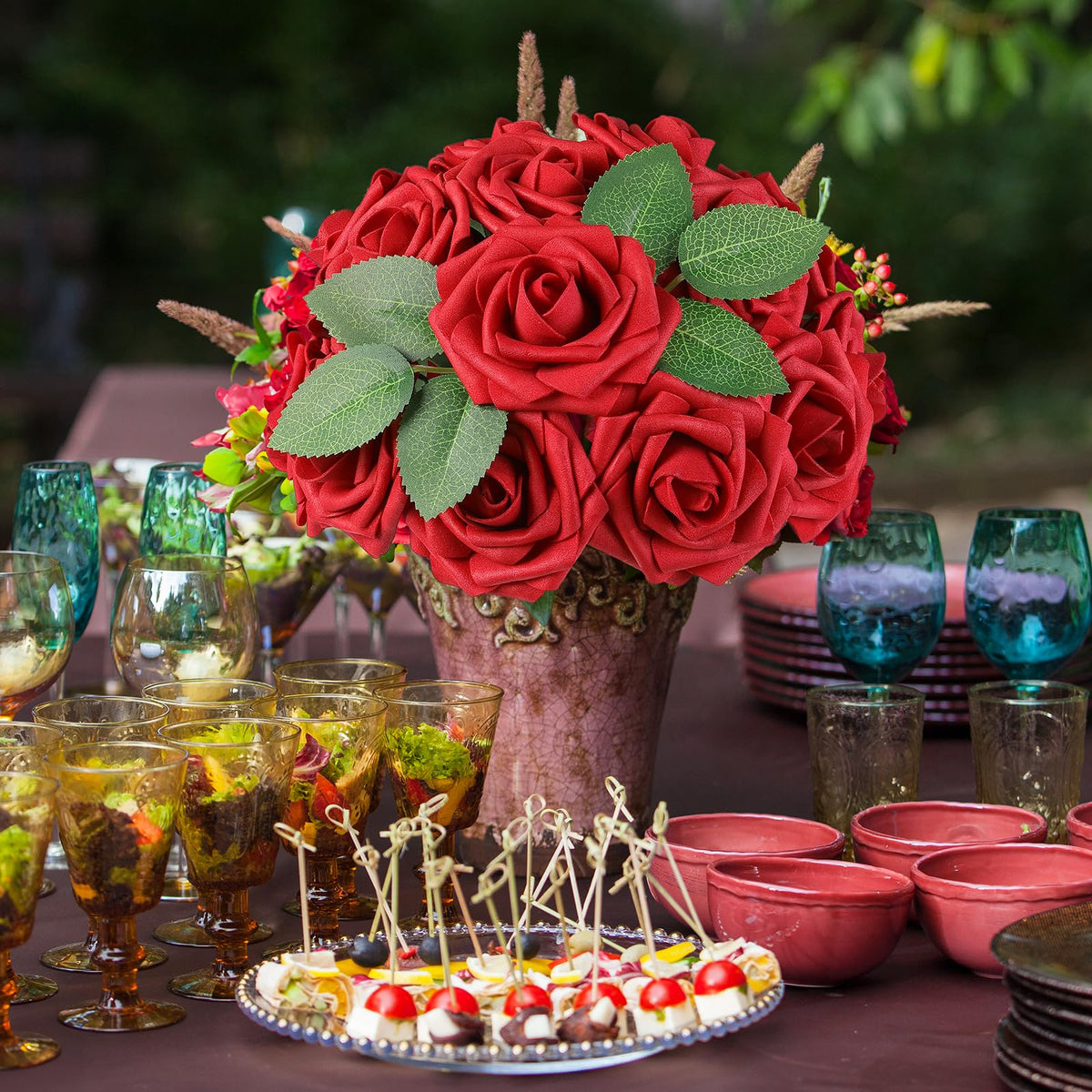 AmyHomie wedding rose decor ideas featuring realistic petals and flexible stems