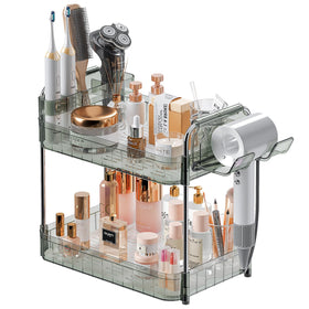 AmzAge 2-tier bathroom counter organizer keeps skincare and tools neatly organized.