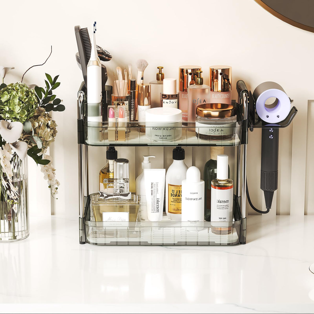 AmzAge hair dryer holder keeps styling tools within easy reach.