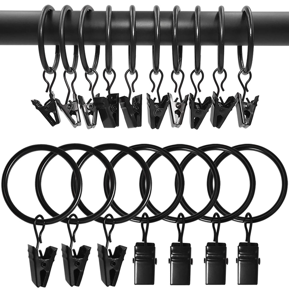 AMZSEVEN curtain rings with clips in black, a ready 100-pack for versatile drapery setups.