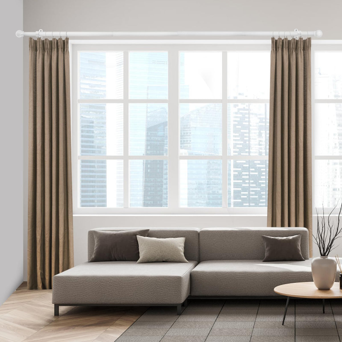 AMZSEVEN curtain rod in use in living room with grommet curtains