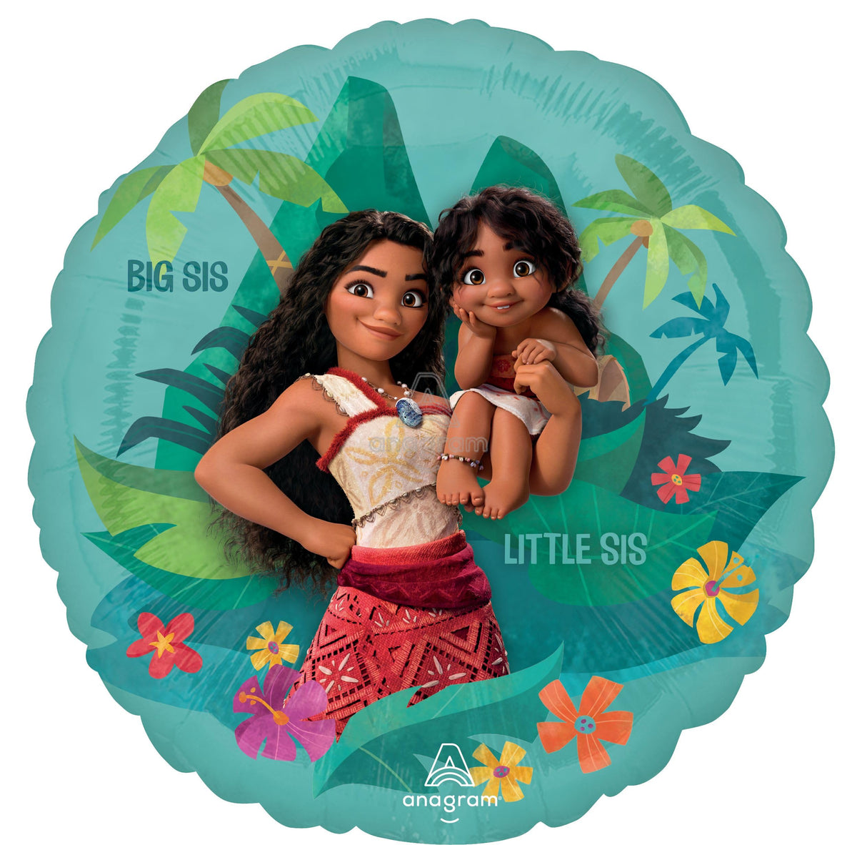 Anagram Moana 17-inch round foil balloons showcased in festive display.