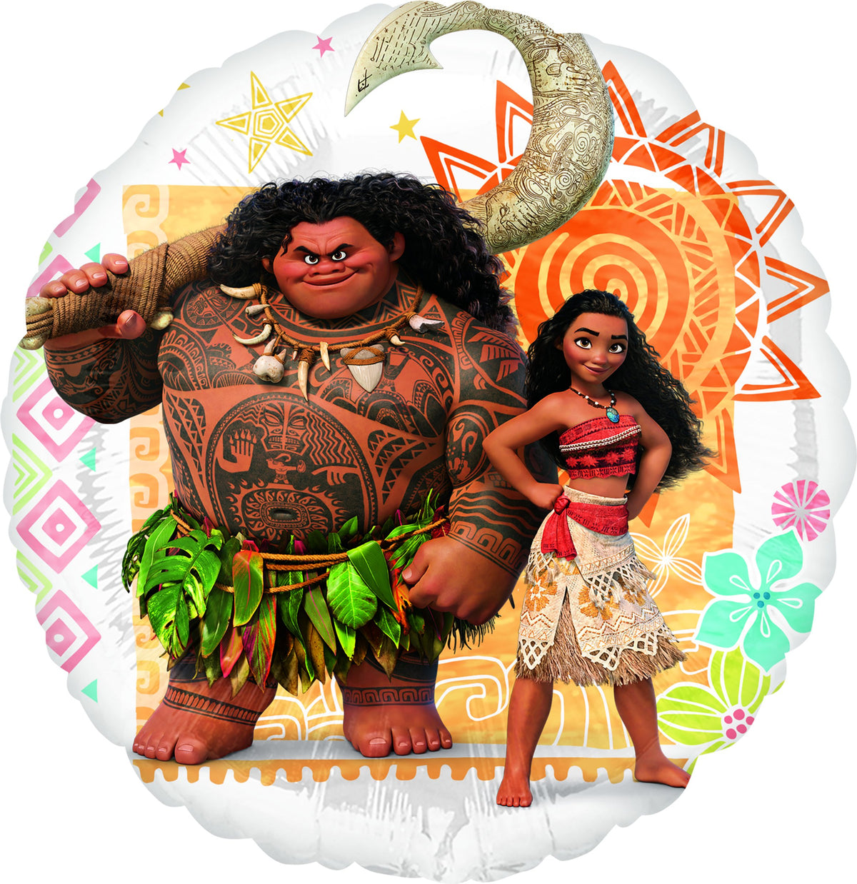 Anagram Moana 17-inch round foil balloons with two-sided prints in action.