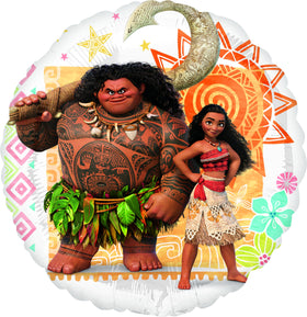 Anagram Moana 17-inch round foil balloons with two-sided prints in action.