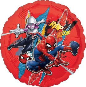 Anagram Spidey 18in red round foil balloon adds bold color to any party setup