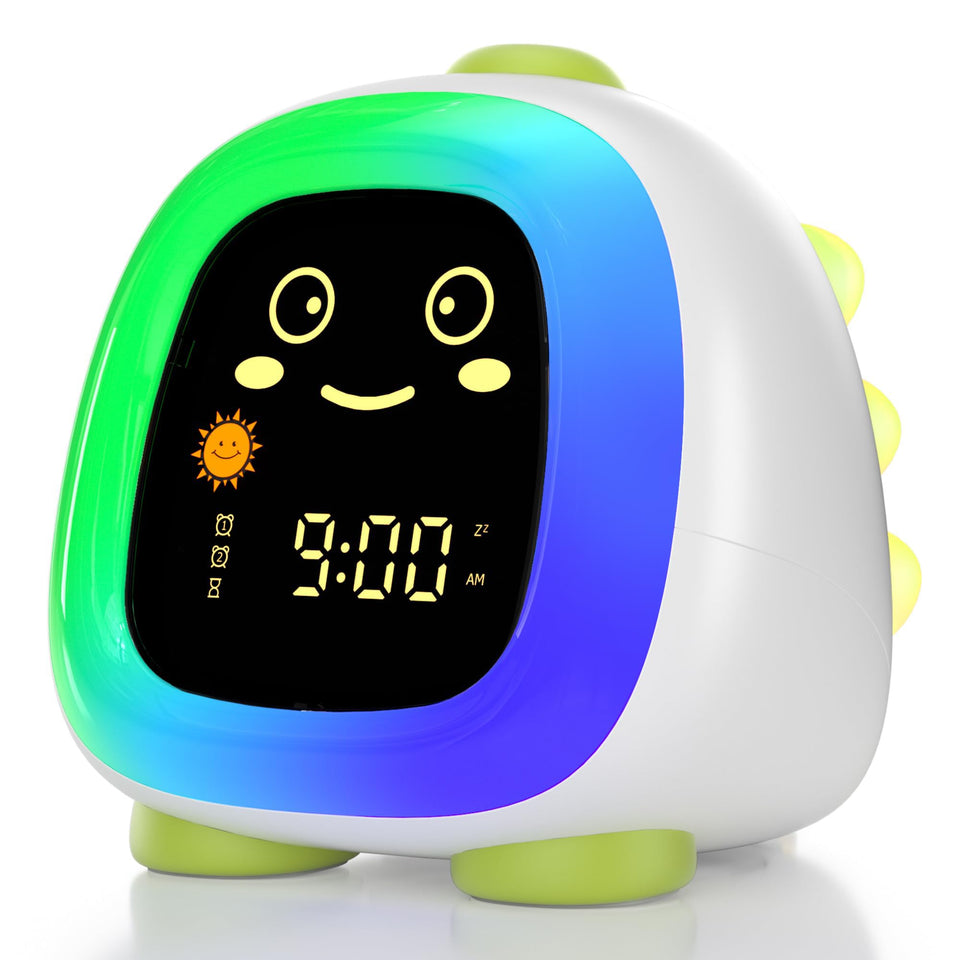 ANALOI kids alarm clock front view with friendly dinosaur design aiding morning routines