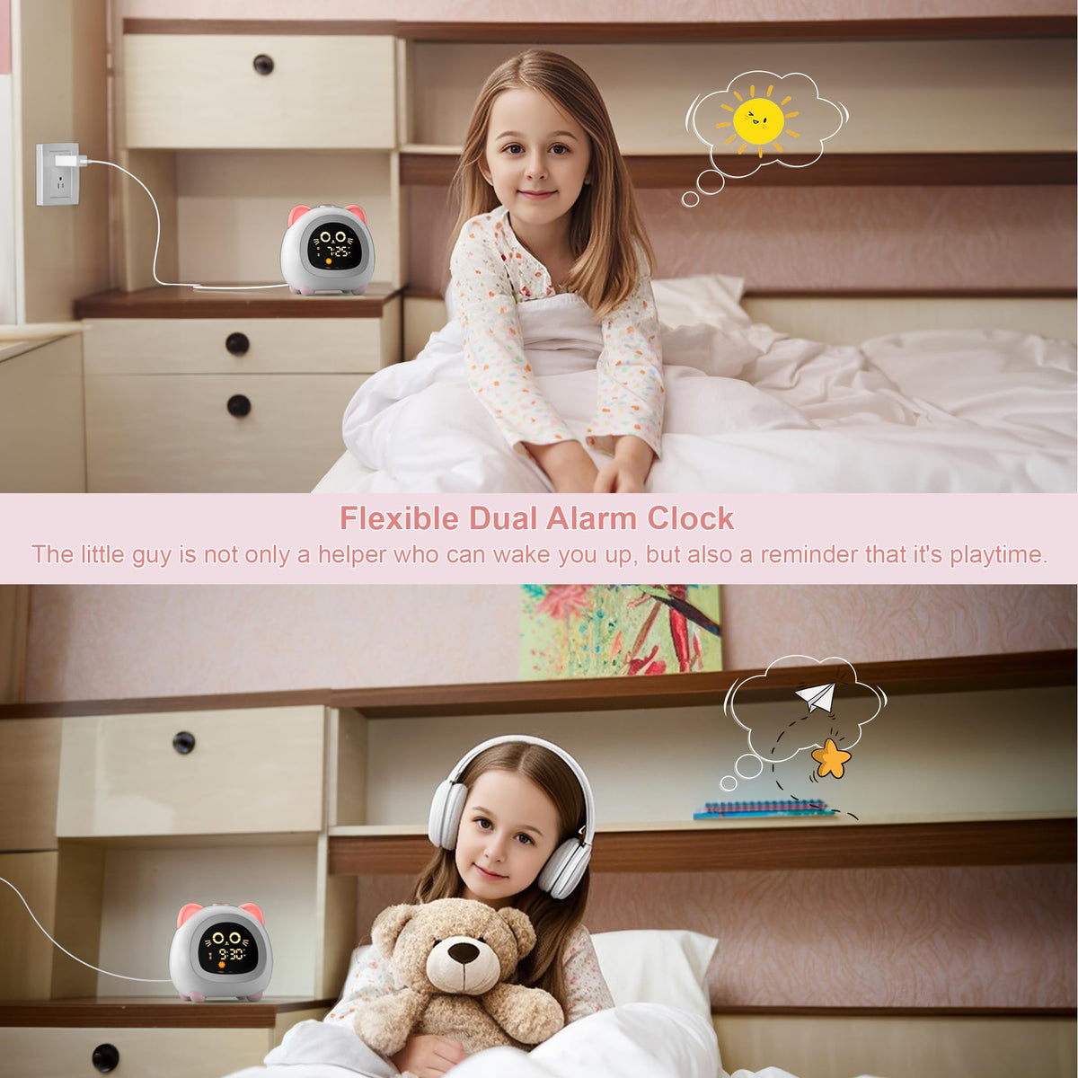 ANALOI clock with two alarms supports weekday and weekend routines.