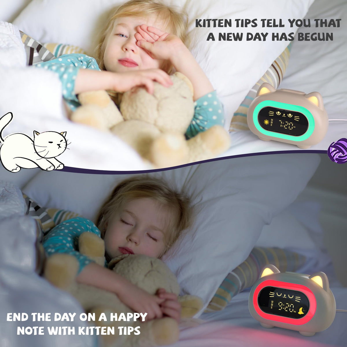 ANALOI cat alarm clock showing dual alarm setting