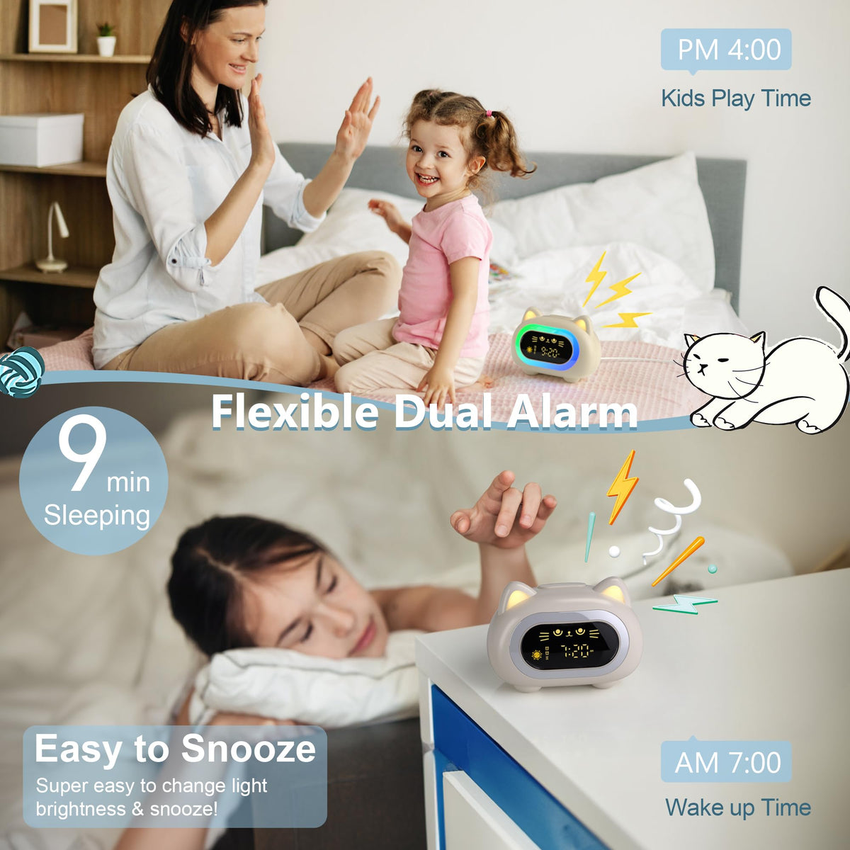 ANALOI cat design bedside clock for kids