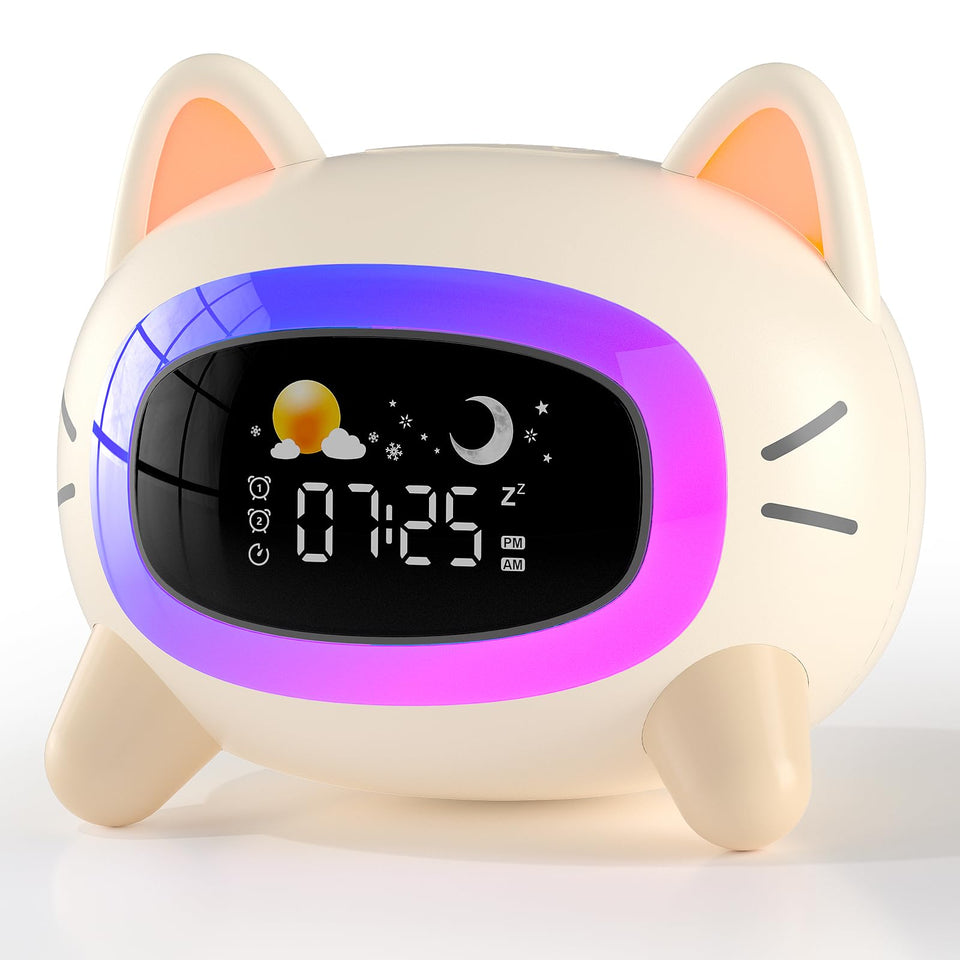ANALOI kids alarm clock front view with friendly cat design supporting routine building.