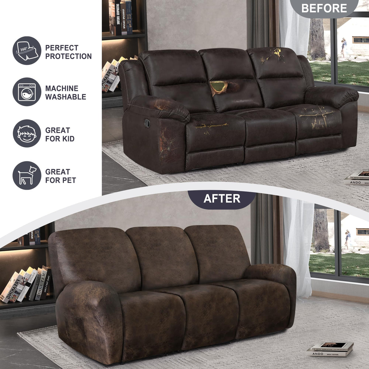 ANARACHON Leather Look Recliner Cover offers furniture protection against stains and pet hair.