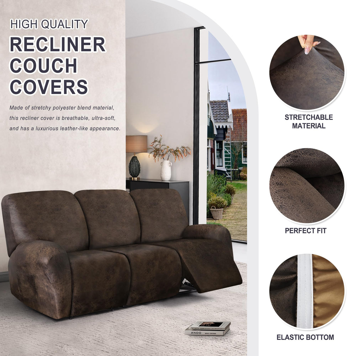 ANARACHON Leather Look Recliner Cover stretch fabric ensures easy slipping on and secure hold.