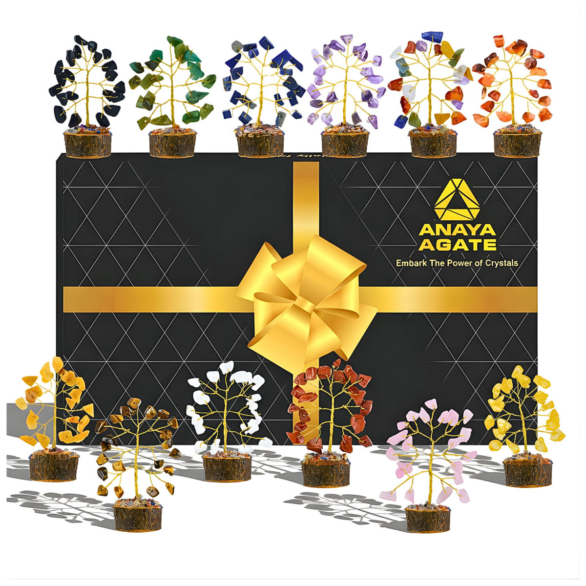 ANAYA AGATE Crystal Tree mini-7chakra on desk promotes calm, focused energy.