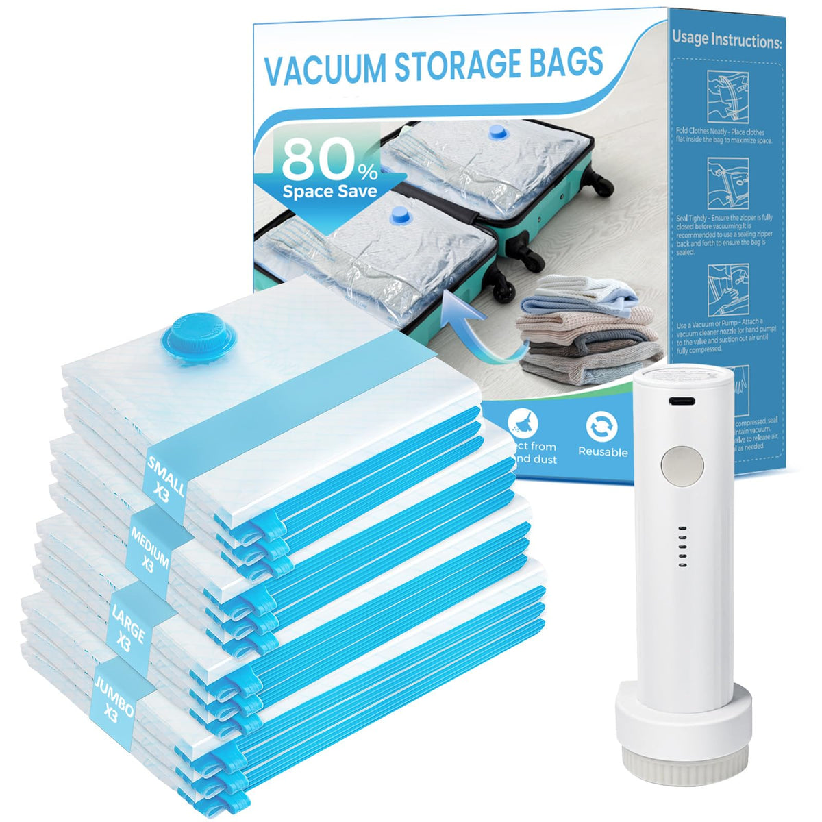 ANBIUX vacuum seal bags travel kit showing compact packing for clothes and space savings