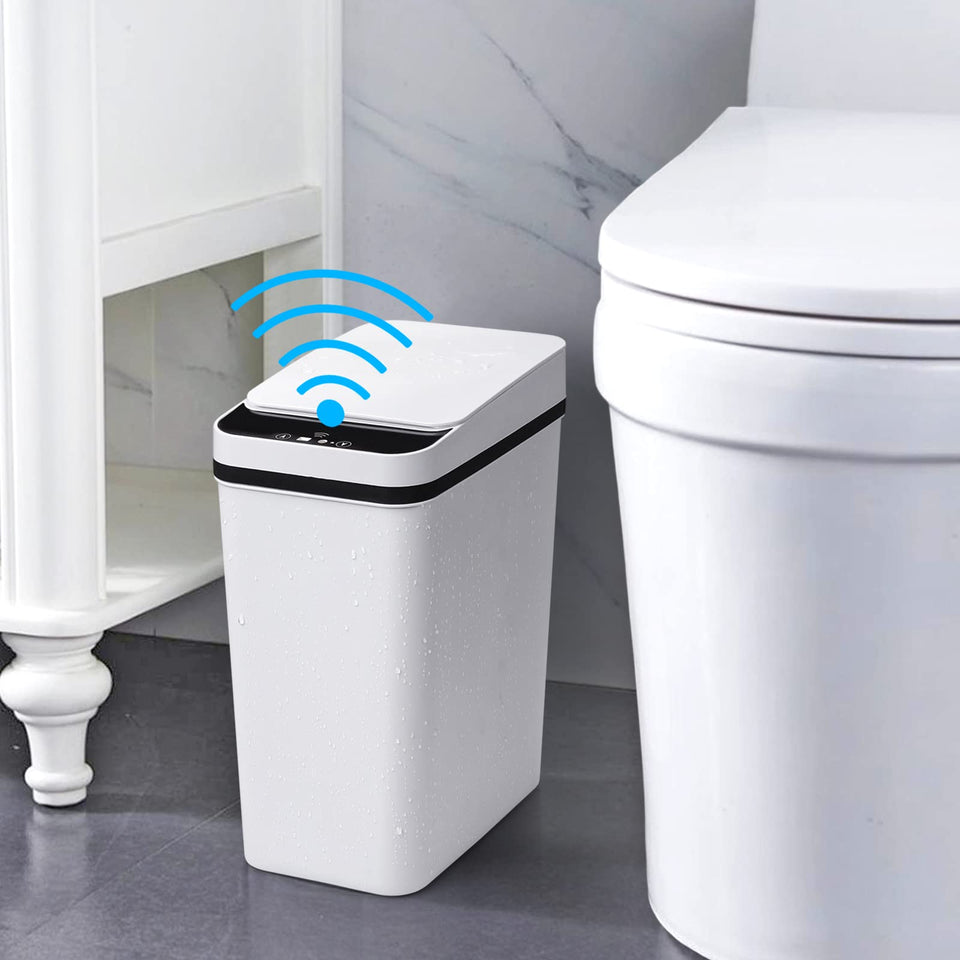Anborry bathroom trash can with sensor lid for hands-free use in compact spaces.