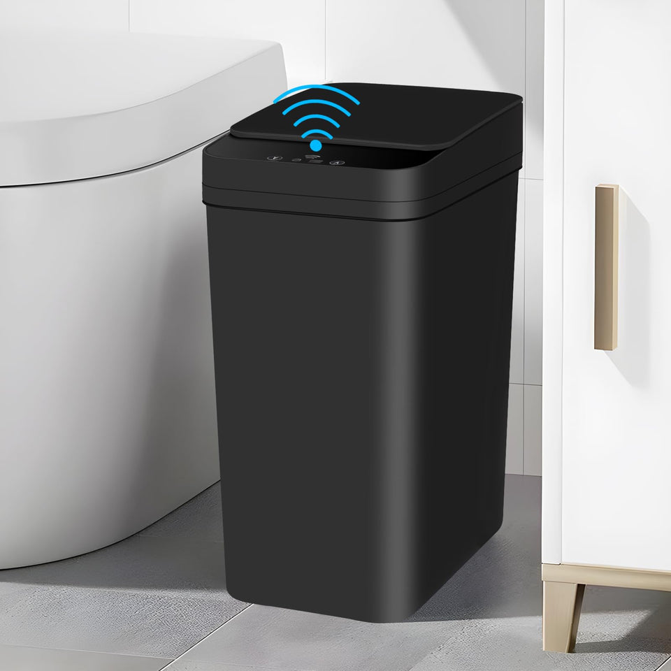 Anborry bathroom trash can with sensor lid for hands-free disposal in black.