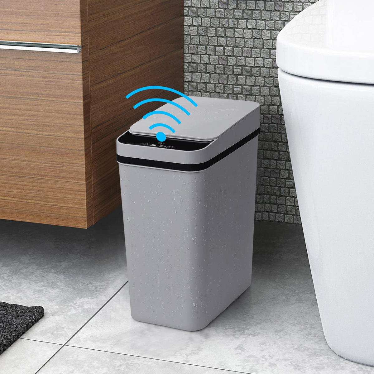 Anborry smart touchless trash can 2.2-gallon top view, space-saving compact design for bathrooms.