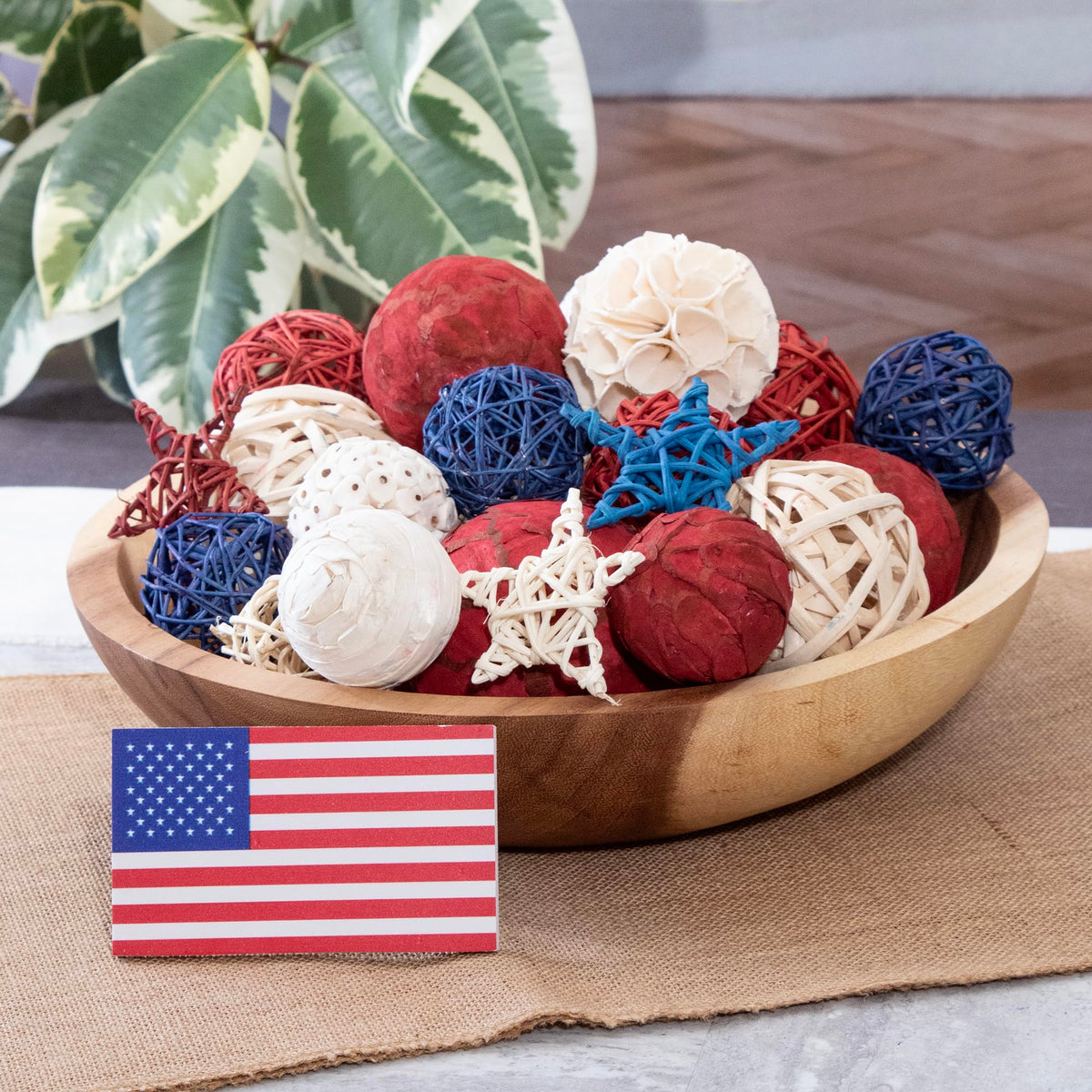 ANDALUCA American flag wood plaque with 50 stars and stripes enhances centerpieces.