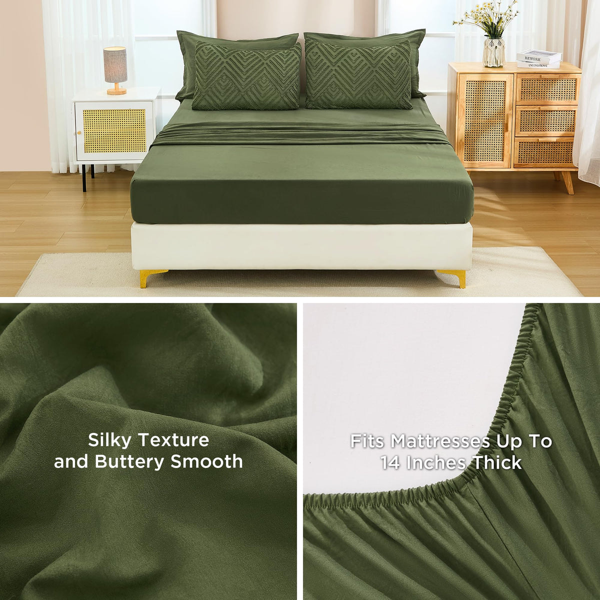 Elastic 14 inch deep pocket fitted sheet fits most king mattresses.