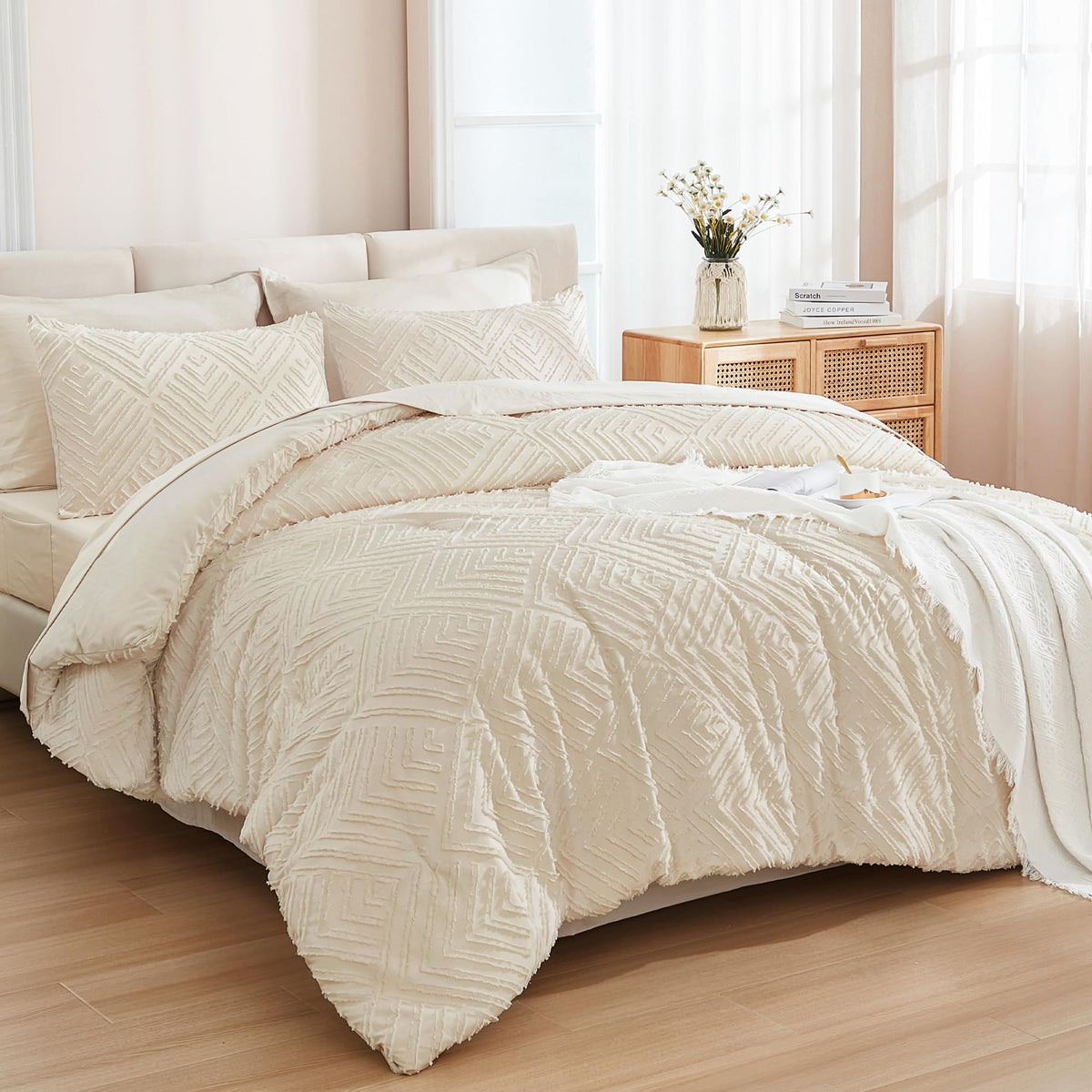 Andency bed in a bag king beige comforter displays plush, all-season warmth.