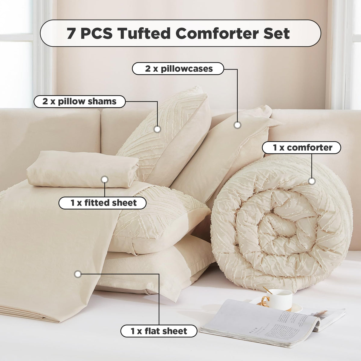 Andency pillowcases complete the seven-piece ensemble with soft touch.