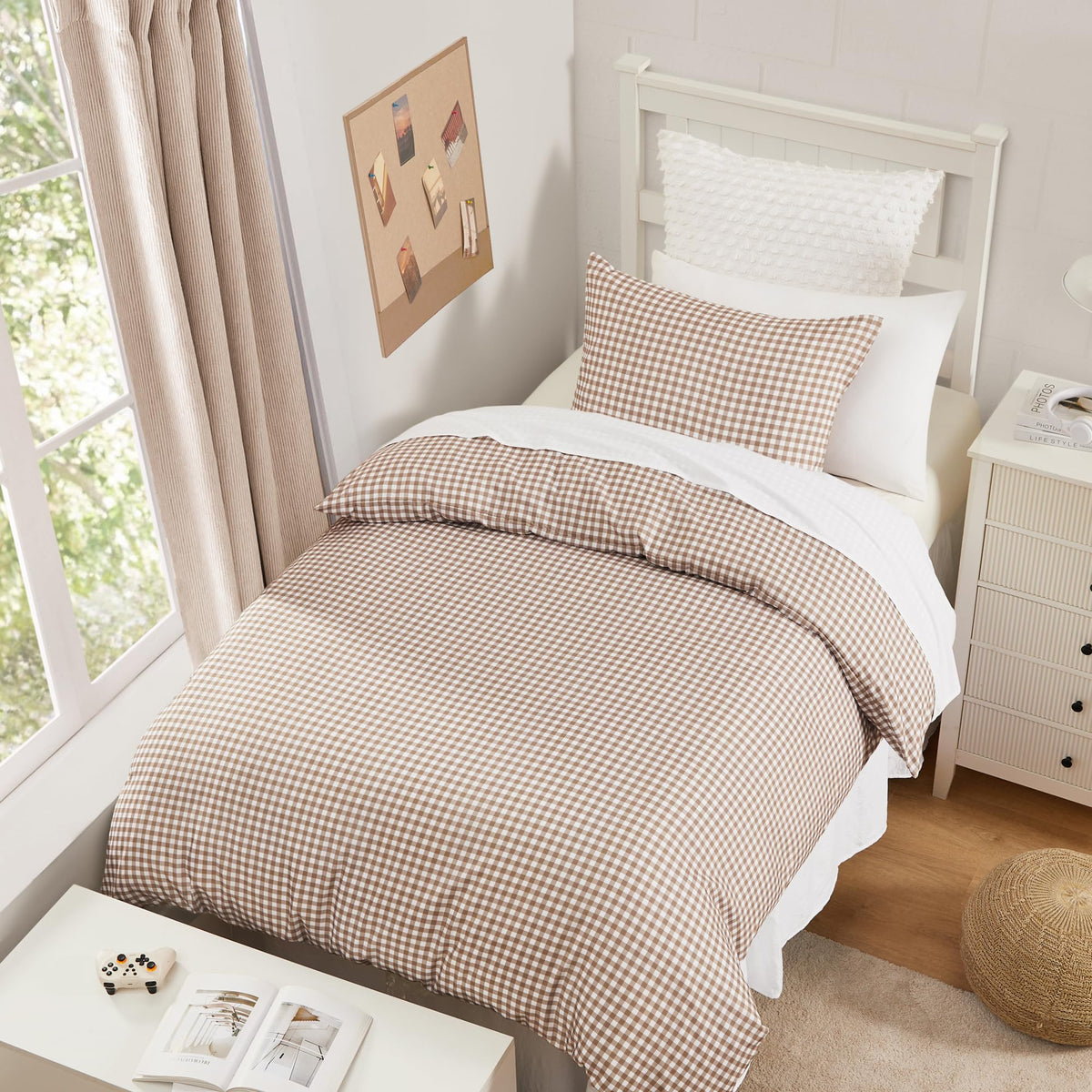 Andency gingham bedding elevates room decor with warm, vintage-modern vibe