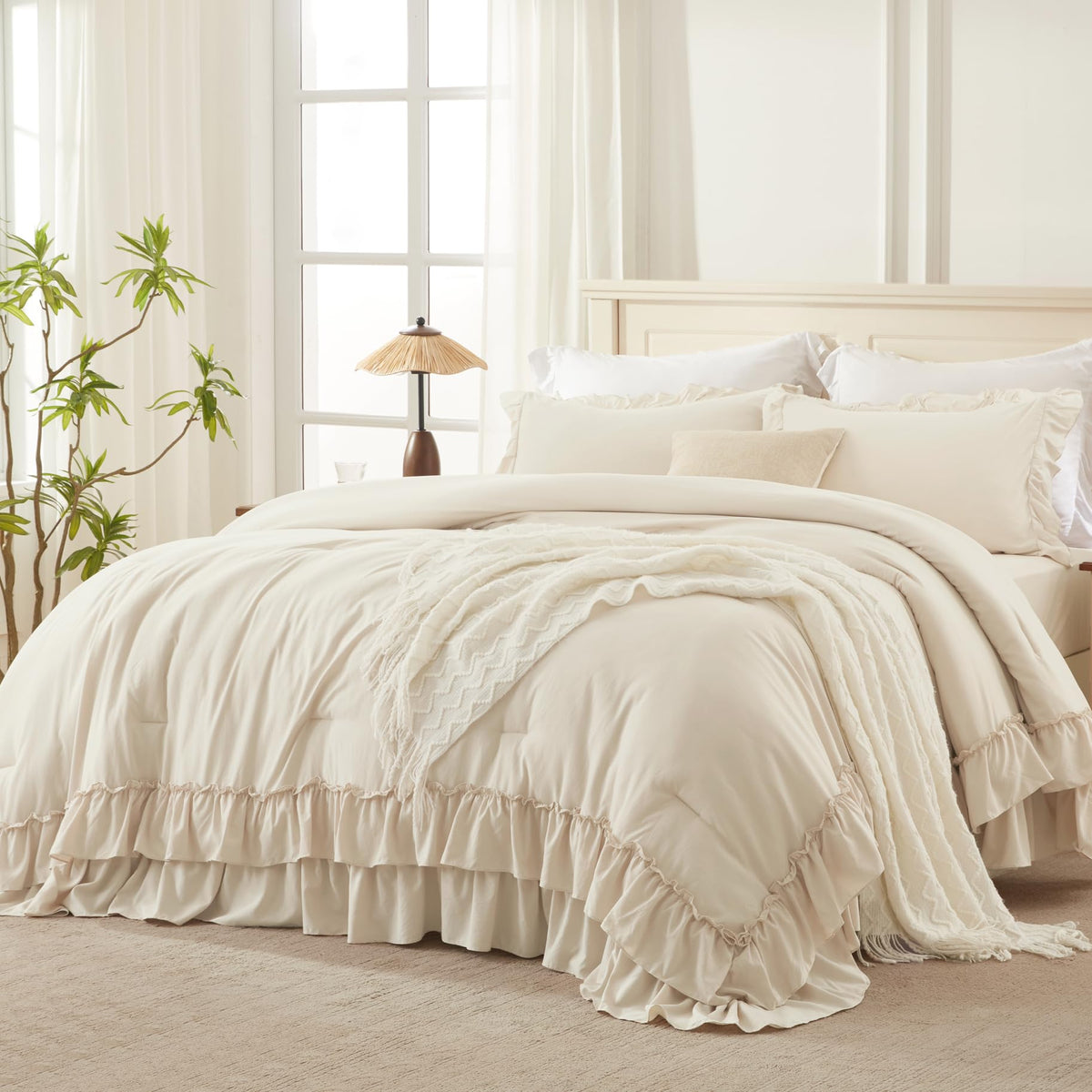 Andency beige queen comforter set front view with soft drape for coziness
