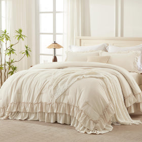 Andency beige queen comforter set front view with soft drape for coziness