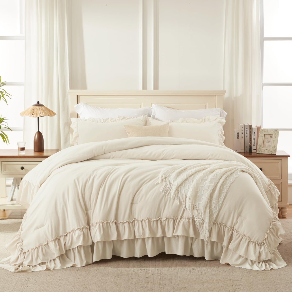 Andency beige queen comforter set pillowcases matching ruffle design