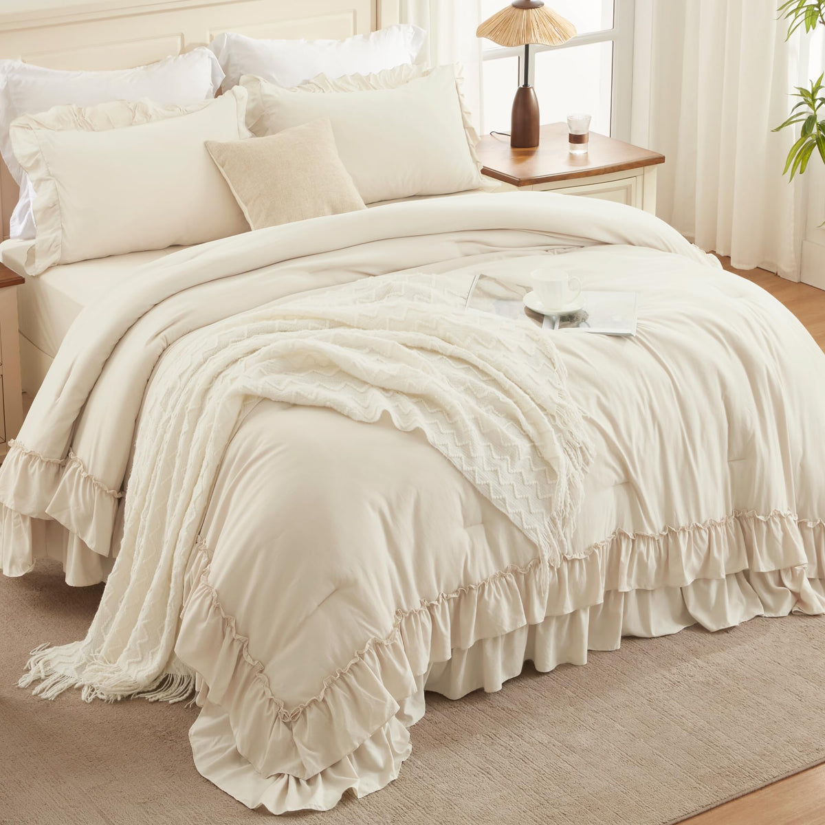Andency beige queen comforter set ruffle detail for elegant bedrooms