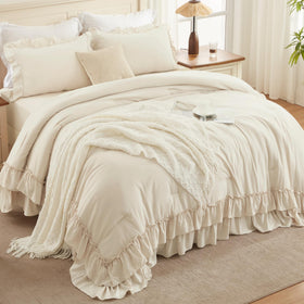 Andency beige queen comforter set ruffle detail for elegant bedrooms
