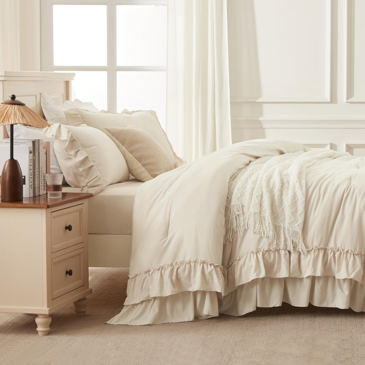 Andency beige queen comforter set stitching detail for durability