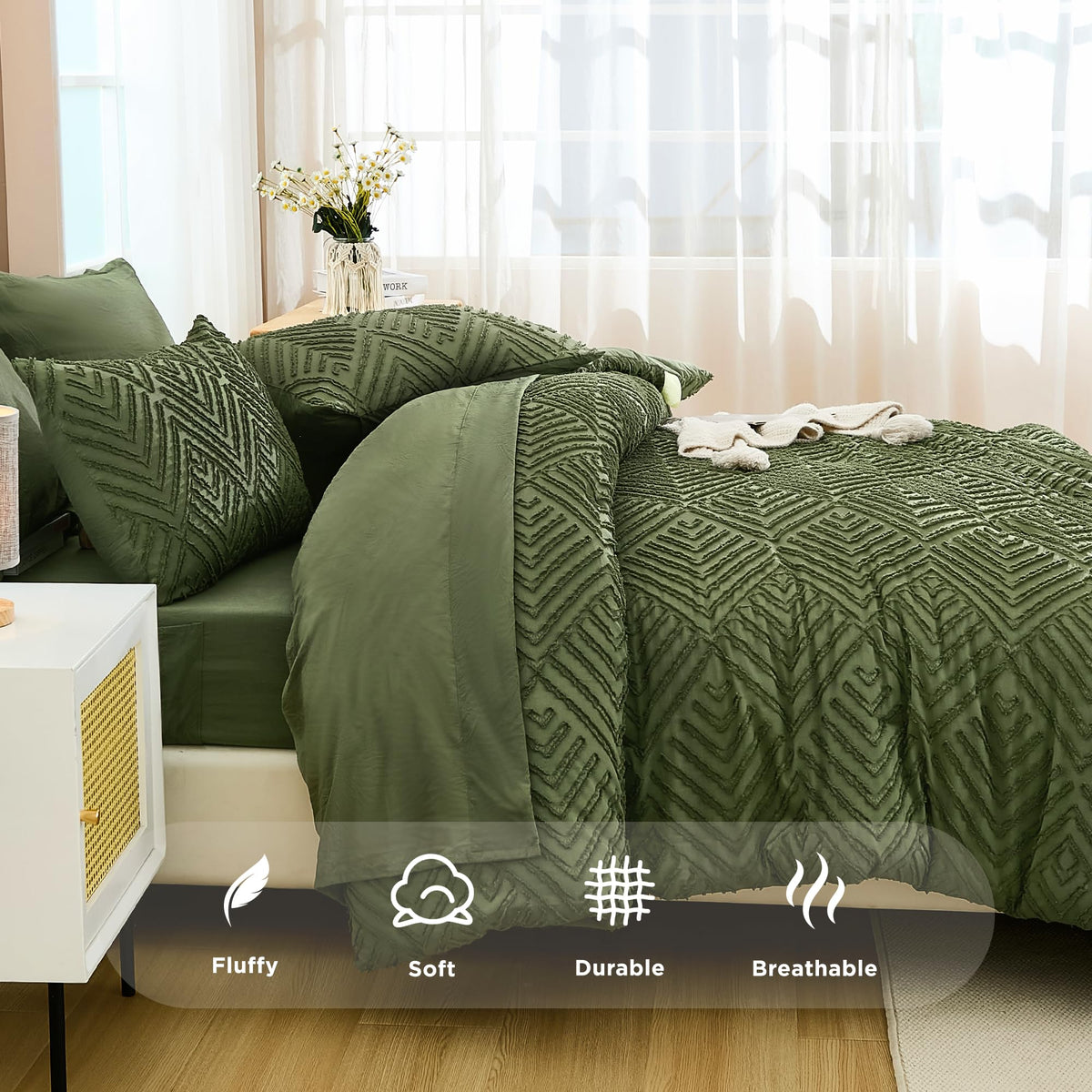 Boho olive green bedding idea for a relaxed modern bedroom.