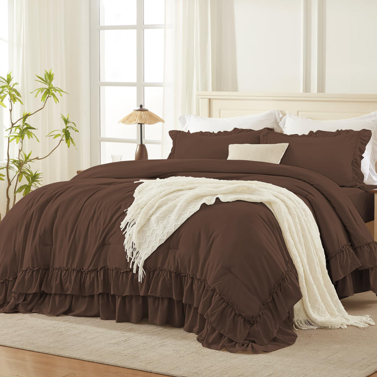 Andency Brown Queen comforter with ruffle edge for chic bedroom texture.