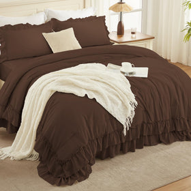 Andency brown comforter with ruffle pillowcases elevates cozy decor.