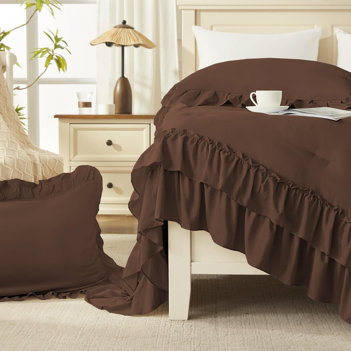 Andency brown comforter fabric is soft and breathable for year-round use.