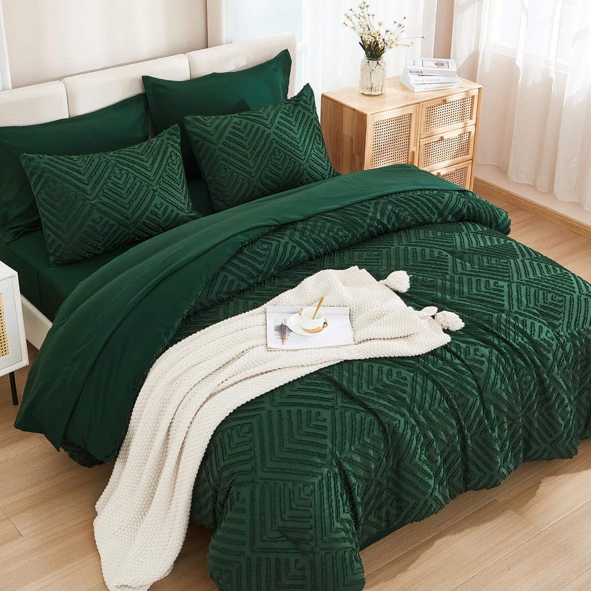 Andency emerald comforter close-up shows tufted detailing and lush color