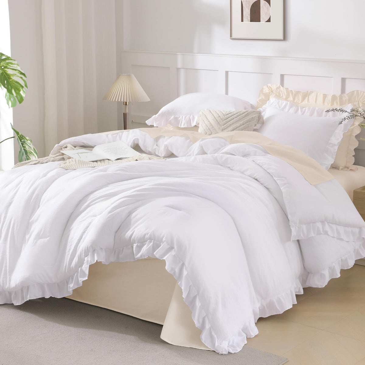 Andency full-size white ruffle comforter close-up highlights elegant detailing for stylish bedding.