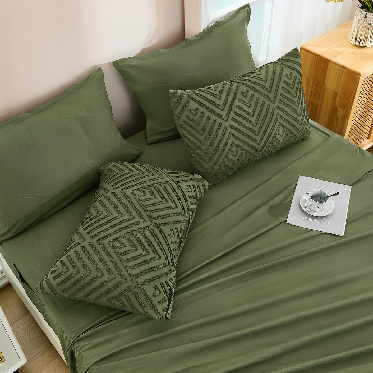 Flat sheet and pillow shams create a coordinated bed look.