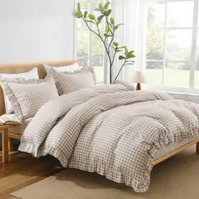 Andency Gingham Duvet Cover Queen front view with tan brown ruffle detail for farmhouse charm.