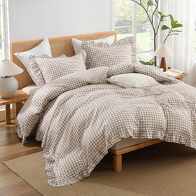 Andency Gingham Duvet Cover Queen tan brown ruffle close-up highlighting vintage style.