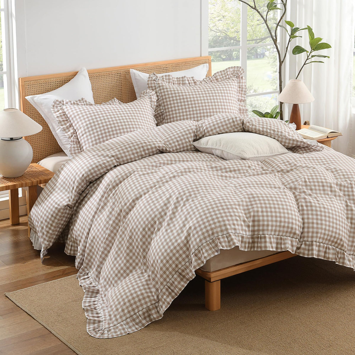 Andency Gingham Duvet Cover Queen tan brown ruffle close-up highlighting vintage style.