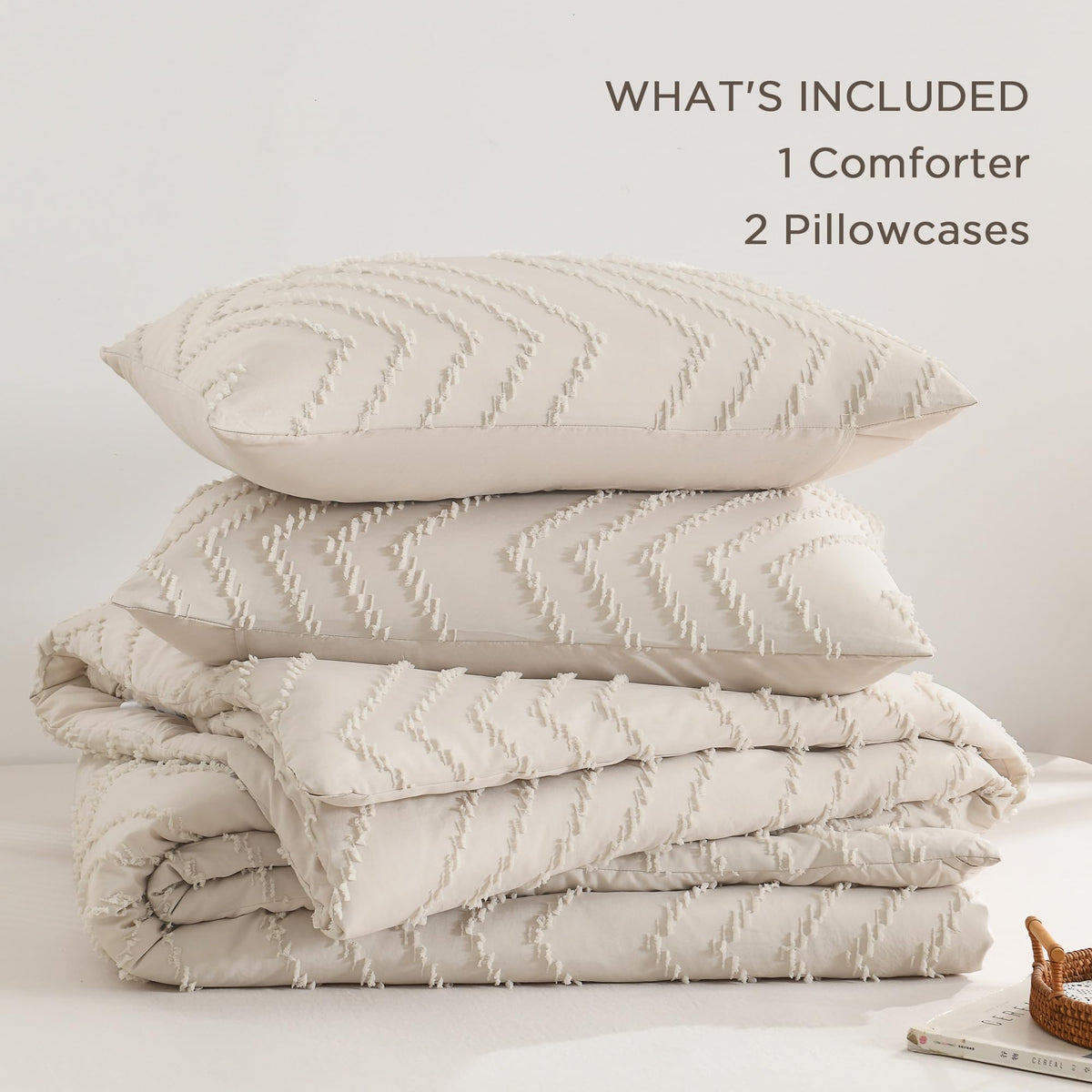 Andency king size comforter beige easy care feature highlighted for busy homes.