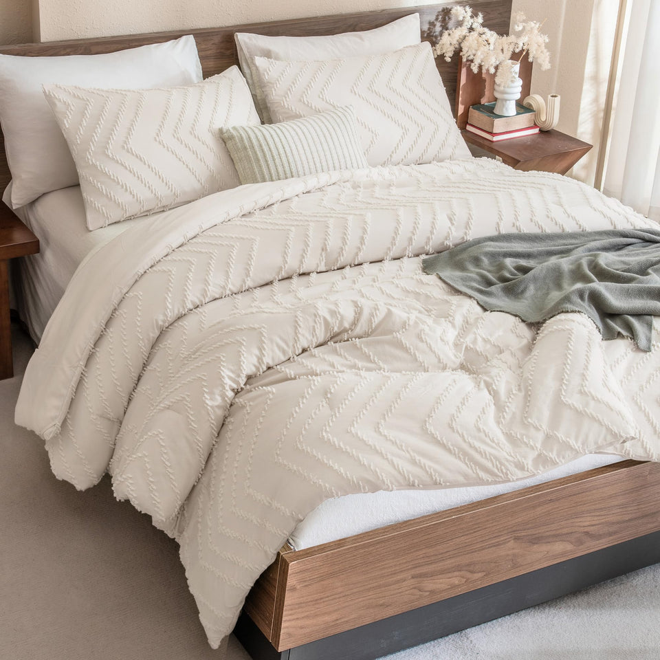 Andency King Size Comforter Set beige flatlay with tufted lines for modern bedroom style.